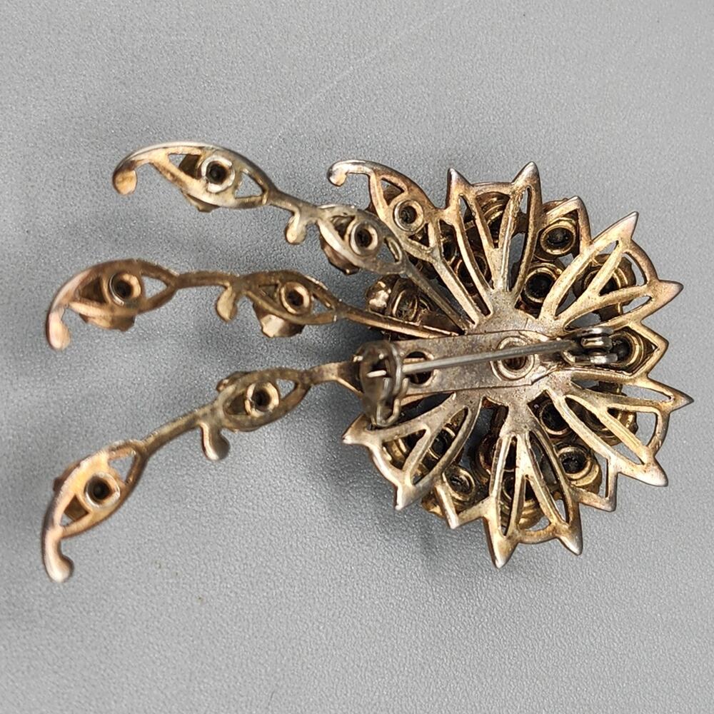 Vintage Lapel Brooch Pin Triple Layer Blue Rhinestone Crystal Flower Gold Tone - Picture 5 of 6
